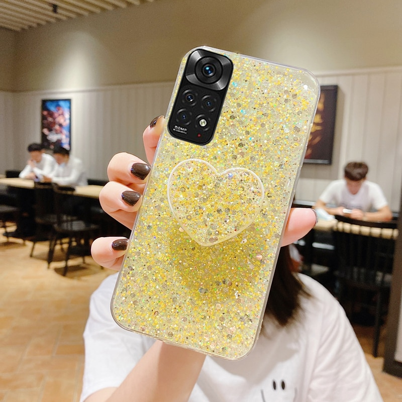 Shiny Glitter Heart Love Phone holder Case For Xiaomi Redmi Note 11 11S 10 10S 9 9S 9A 9C 8 8A 7 Pro Soft Silicone Cover_voghion.com