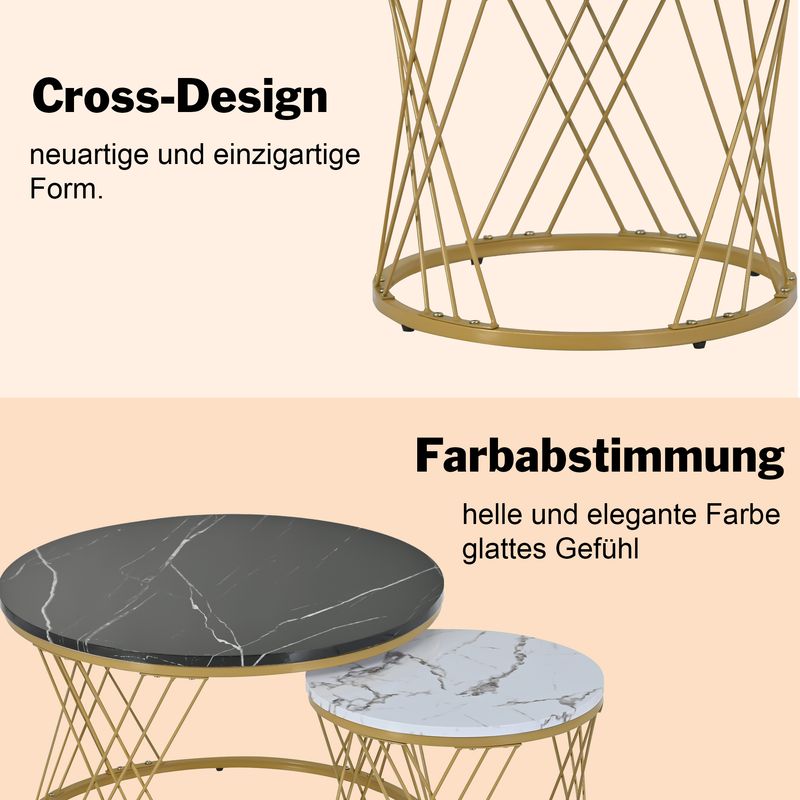 Ensemble de tables basses gigognes modernes, tables d'appoint rondes en placage de marbre avec cadre doré, tables d'appoint de canapé 2 pièces_voghion.com