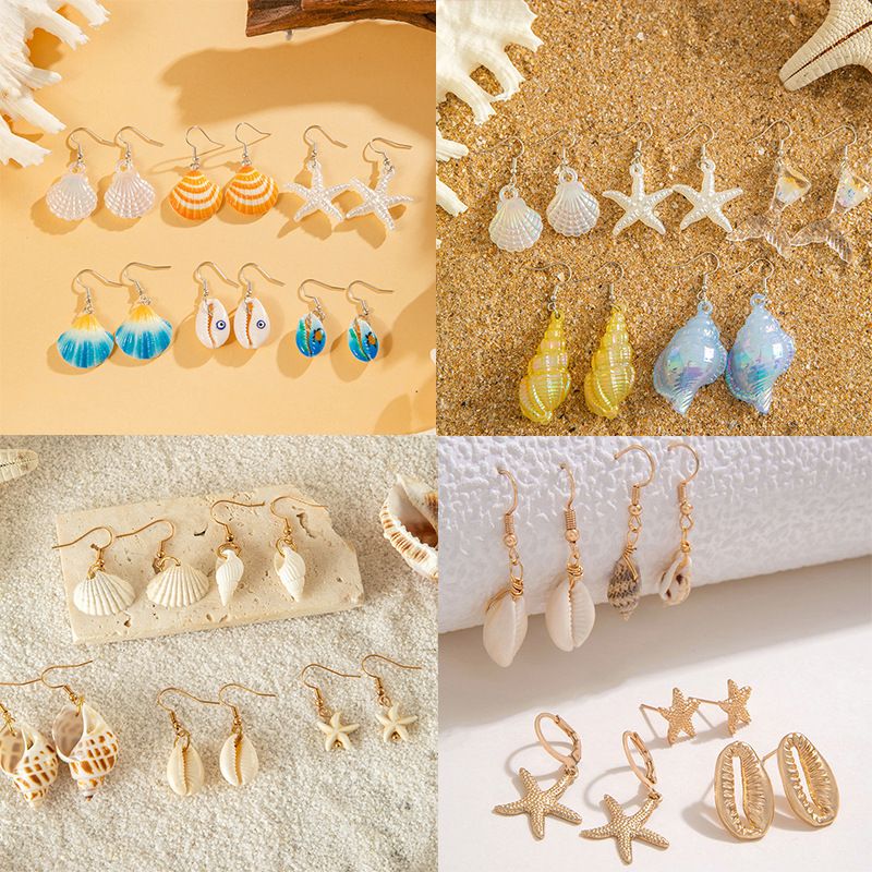 Böhmische Muschel-Seestern-Ohrring-Set, Strand-Stil, Muschel-/Jakobsmuschel-Ohrringe, baumelnder Schmuck für Frauen_voghion.com