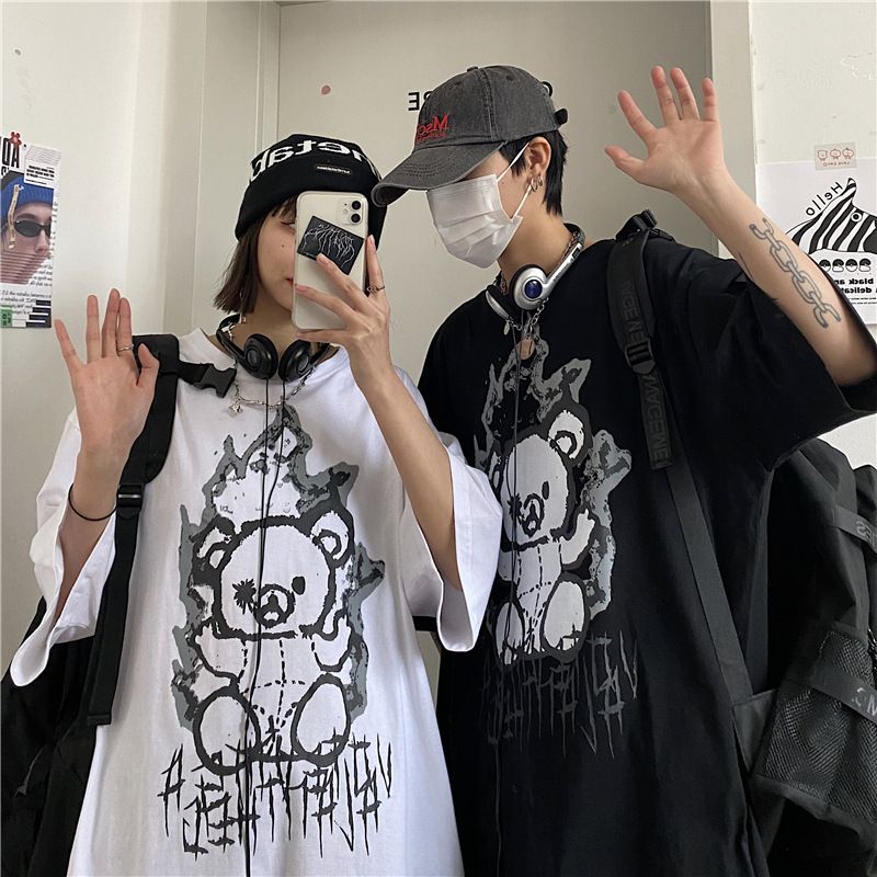 Men's Clothing summer new fashion brand pure cotton bear cartoon print men's Korean loose short sleeved T shirt men's couple wear_voghion.com