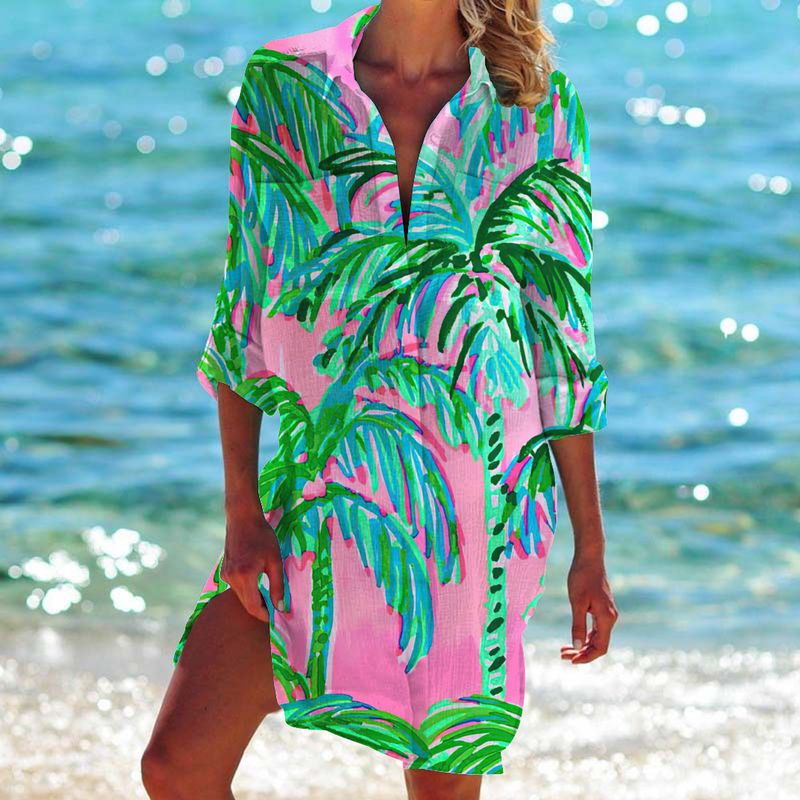 2022 New Bikini Jacket Swimsuit Cardigan Women's Printed Vacation Beach Shirt_voghion.com
