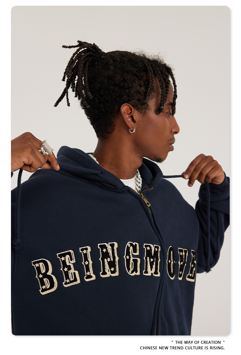 Herr höst och vinter tungvikts amerikansk handduk broderad polar fleece S-formad dragkedja sweatshirt lös trendig märkeshuvtröja för män_voghion.com