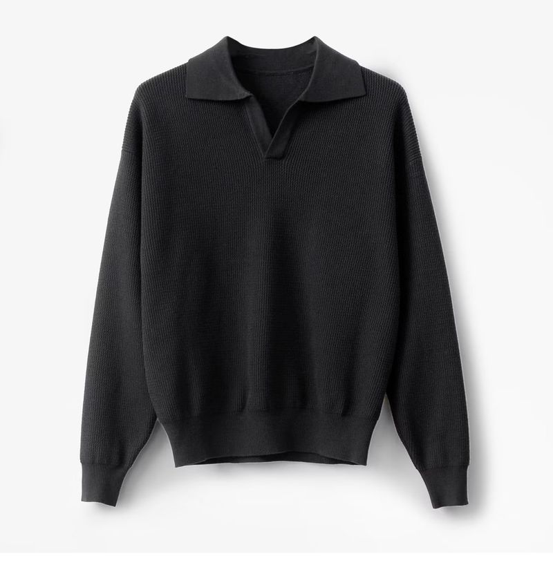 Maglione con scollo a V, pullover con risvolto spesso, polo a maniche lunghe, tinta unita, primavera e autunno._voghion.com