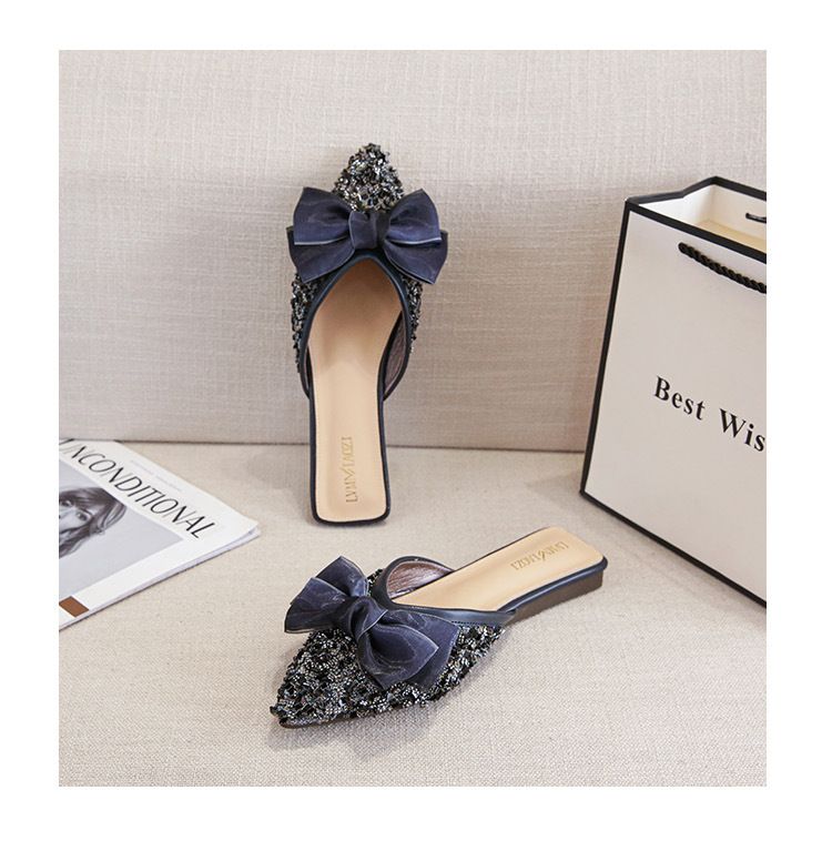 Halbschuhe Damen Sommer Neue Ein-Pedal-Tasche Kopfschuhe Flache Sohlen Strass Sandalen Große Größe 41-43_voghion.com