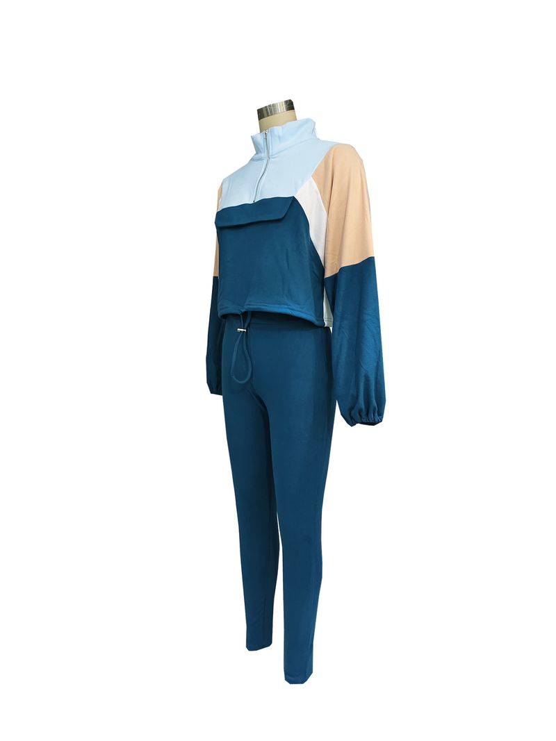 Women's Clothing Autumn Contrast Color Suit Zipper Color Block Sweater Tights Sports Two Piece Suit_voghion.com