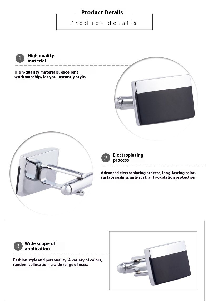 Rechteckige schwarze Manschettenknöpfe aus emailliertem Metall mit Tropfbeschichtung für Geschäftsleute, einfache Hemdmanschettenknöpfe im französischen Business-Stil_voghion.com