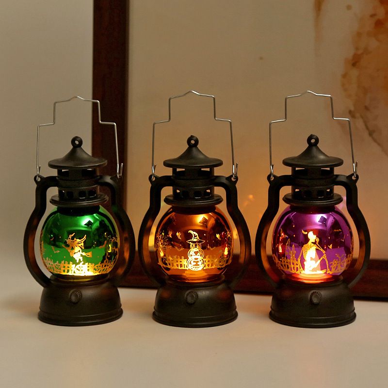 Vintage Halloween Laser Pumpkin Lantern - Witch, Skull & Pumpkin Design, Decorative LED Oil Lamp For Party, Bar & Home Decor_voghion.com