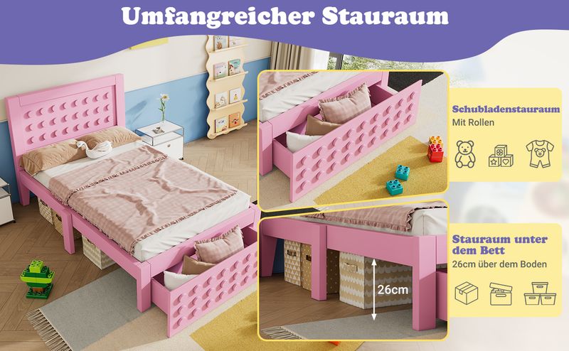 Holzbett 90x190cm Mit Blockdesign, Massivholz, Schubladen, Stauraum, Rosa_voghion.com