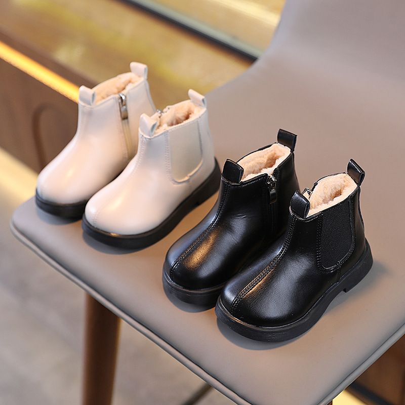 Stivali corti alla moda per bambini, stile britannico, da autunno e inverno, foderati in pile, antivento, grandi, in cotone caldo._voghion.com
