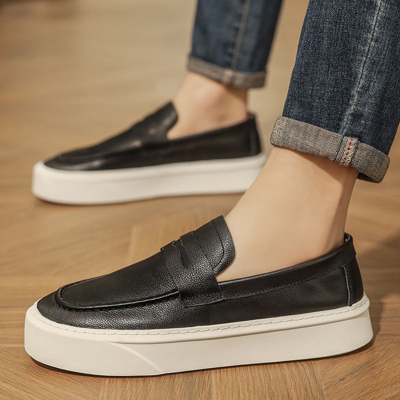 Mocassini casual traspiranti adatti a tutte le stagioni, primavera ed estate, punta tonda, slip-on, fatti a mano, in vera pelle, alla moda, in pelle bovina, monoblocco, da uomo._voghion.com