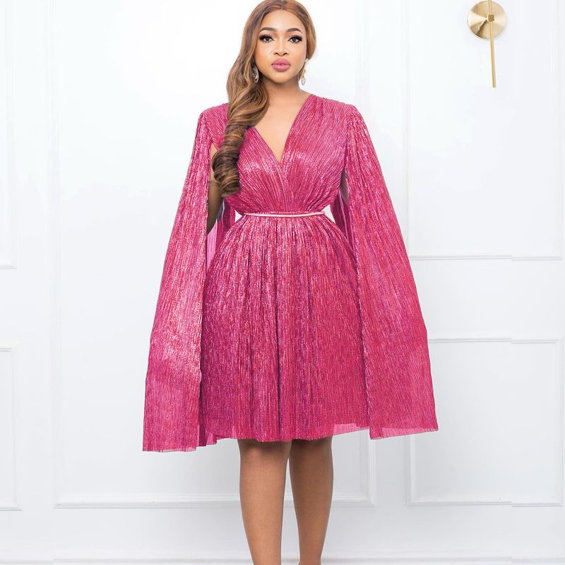 Damenbekleidung Neue V-Ausschnitt Temperament Langarm Cape Taille Kleid Rock_voghion.com