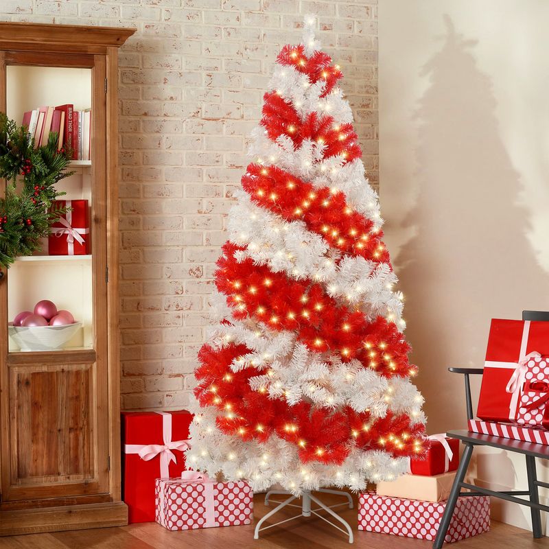 6ft Artificial Christmas Tree with 300 LED Lights and 900 Bendable Branches, Candy Cane Holiday Decoration, Pre-Lit Xmas Tree for Christmas Decorations_voghion.com