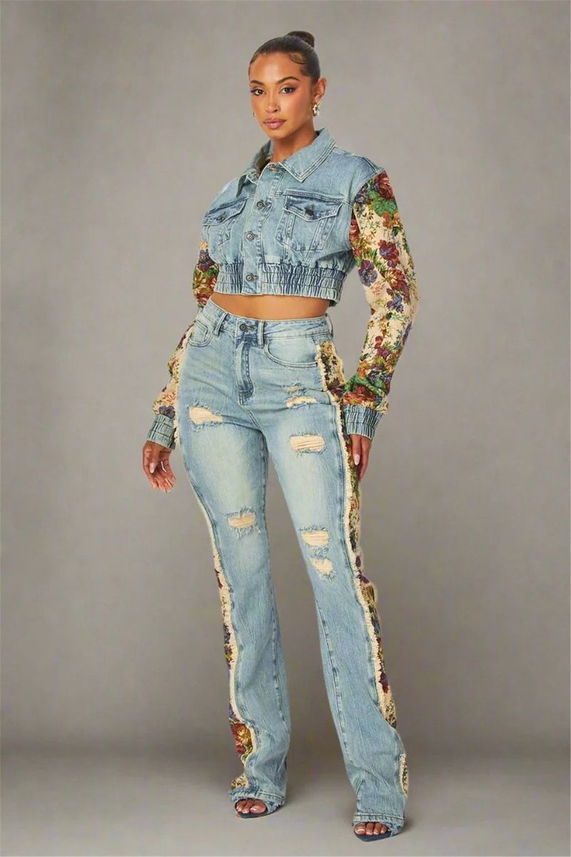 Moda feminina roupas estampadas cor combinando jaqueta jeans jeans terno de duas peças_voghion.com