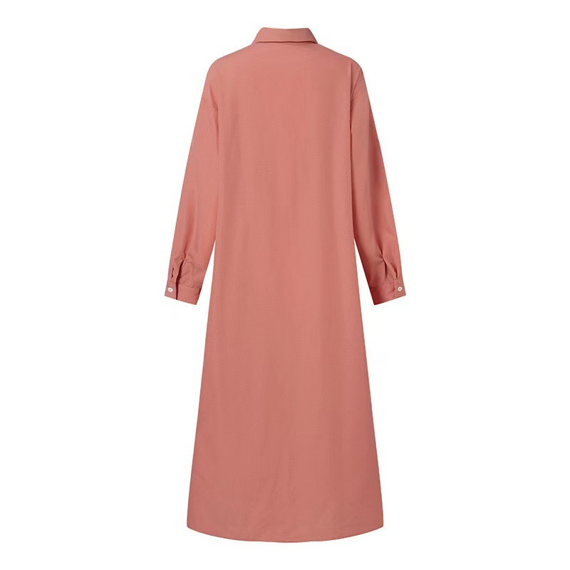 Damen-Cardigan-Kleid mit kontrastfarbener Schnalle, einfarbigem Revers, langen Ärmeln und lockerer Passform_voghion.com