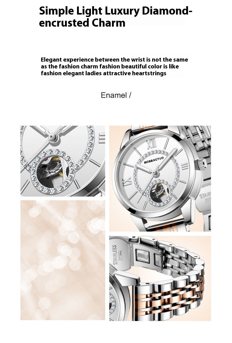 Ceas mecanic de damă, complet automat, la modă, cu incrustații de diamante, cu mecanism modern, culoare goală, curea din oțel impermeabilă_voghion.com