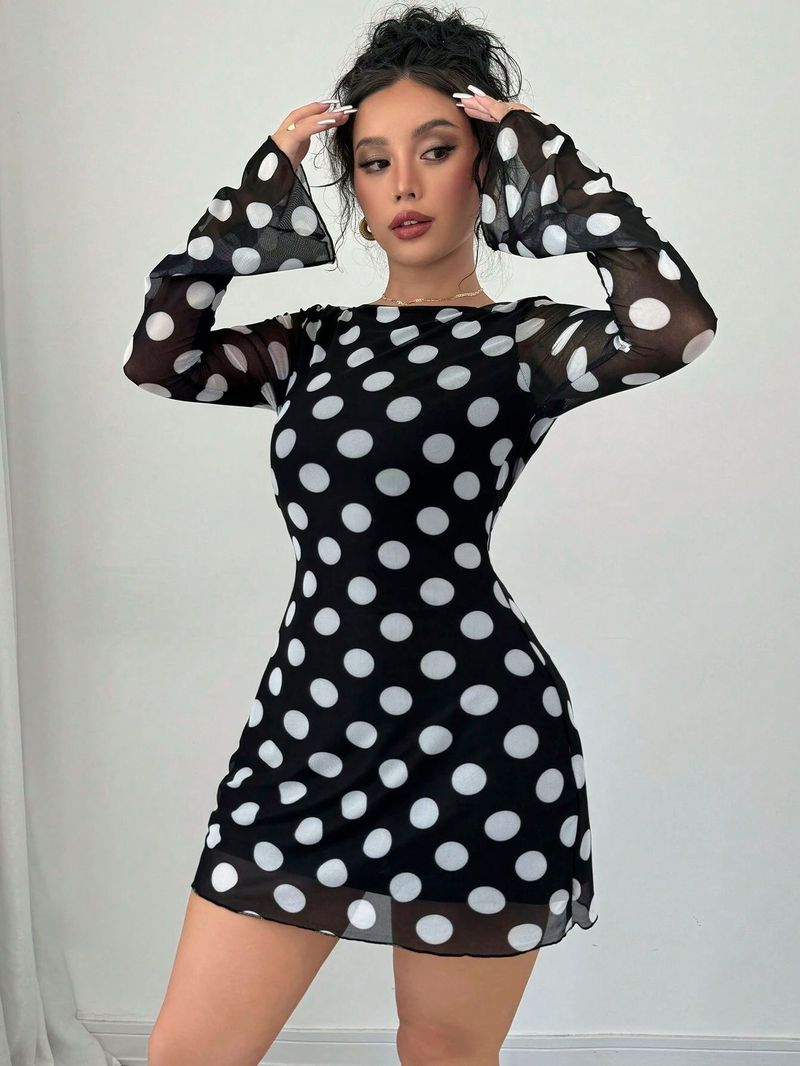 2025 Spring/Summer New Women's Sexy Polka Dot Backless Mesh Flared Sleeve Mini Dress_voghion.com