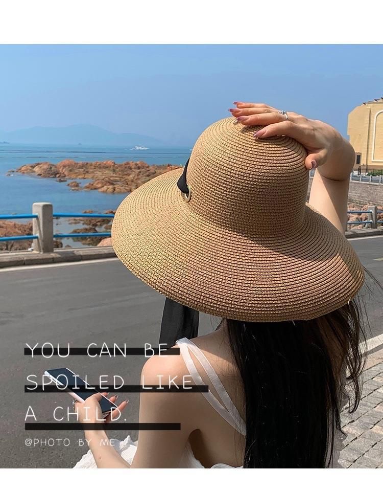 Neuer Strohhut im Hepburn-Stil mit großer Krempe und langem französischem Band, faltbarer Sonnenschutz, Gesichtsbedeckung, Urlaubsstrand, Sonnenhut für Touristen_voghion.com