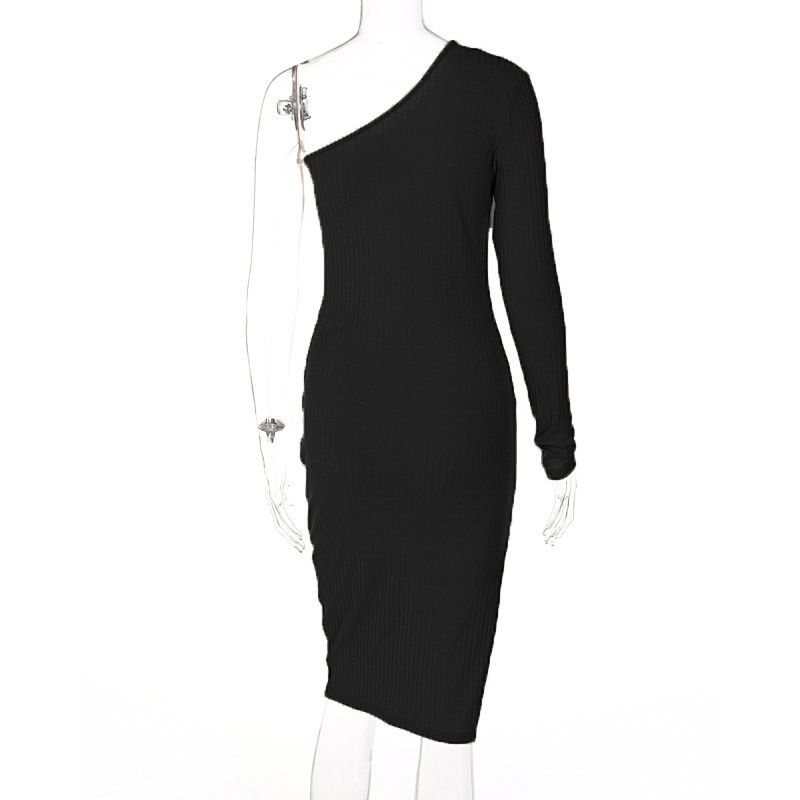 Rochie elegantă pentru femei, tricotată, cu crăpături înclinate pe umeri, de culoare uni, la modă_voghion.com