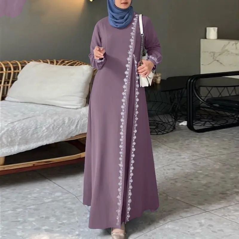 Damenkleidung Muslimisches Gewandkleid Mode Langarm Spitze Häkelweste Damen Frühling Casual Fake Zweiteiliges Kleid_voghion.com