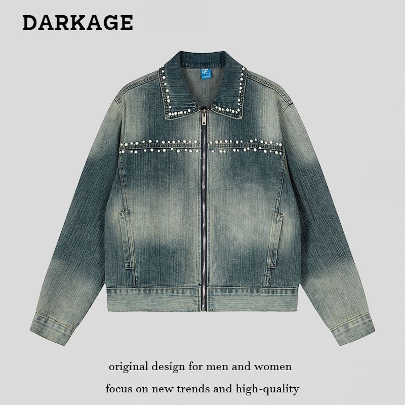 Amerikanischer Stil Perlendesign Abgesteppter gewaschener Denim Unisex Neue lose vielseitige kurze Jacke trendig_voghion.com