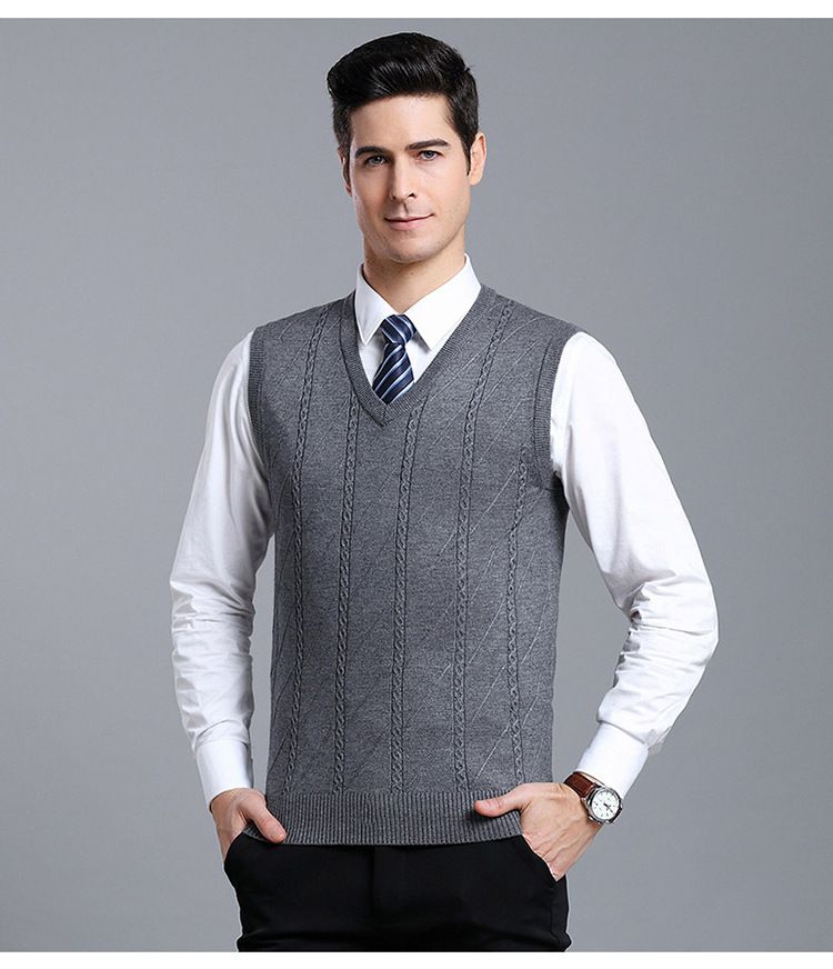 Men's Wool Blend Knit Vest, Solid Color Cable V-Neck Sleeveless Pullover, Casual Layering Piece For Autumn_voghion.com