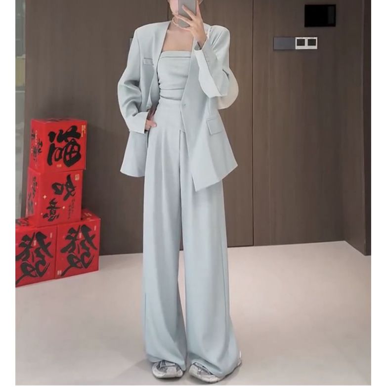 2025 Autumn New High-End Korean Style Two-Piece Set Niche Blazer Jacket Tube Top Wide-Leg Pants Suit For Women_voghion.com