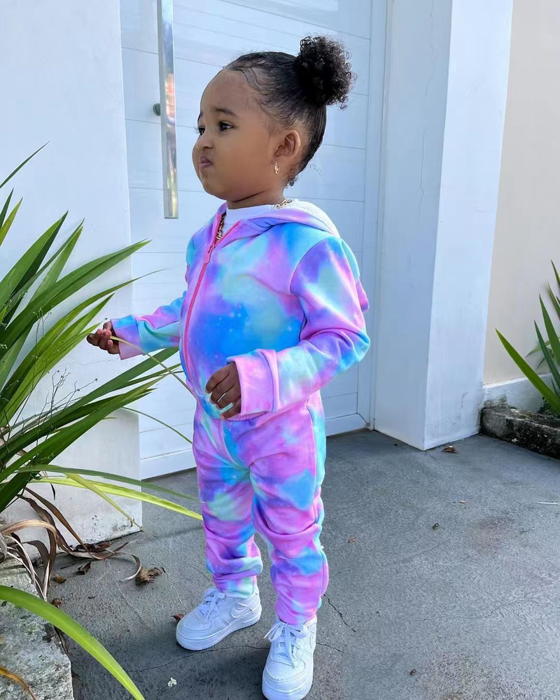 M8069 children's clothing 2024 casual sports new cardigan long sleeved tie dyed hoodie set_voghion.com