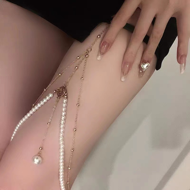 Sexy multistrato di perle per gamba per donne corda elastica personalità creativa lunga catena per il corpo gioielli_voghion.com
