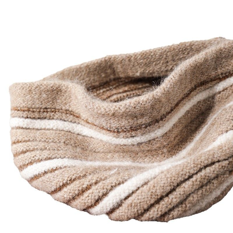 Cappello giapponese lavorato a maglia a righe a contrasto, da donna, autunno e inverno, in misto lana, versatile, impilabile, semplice, pullover_voghion.com