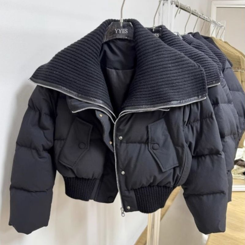 Damenbekleidung neue Baumwolljacke für Damen im Kurzstil mit hoher Taille und großem Revers, modische High-End-Jacke in reiner Farbe, vielseitiger warmer Wintermantel_voghion.com