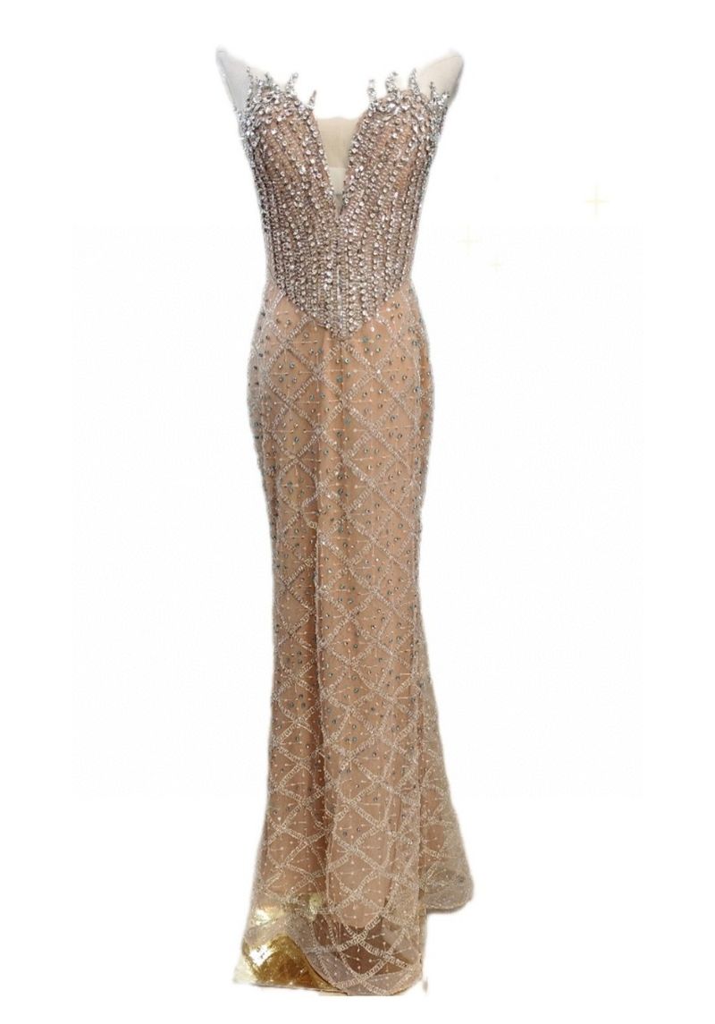 Elegante abito da sera aderente con scollo a V e paillettes perline per donna - Splendido abito da sera per cocktail e eventi formali_voghion.com
