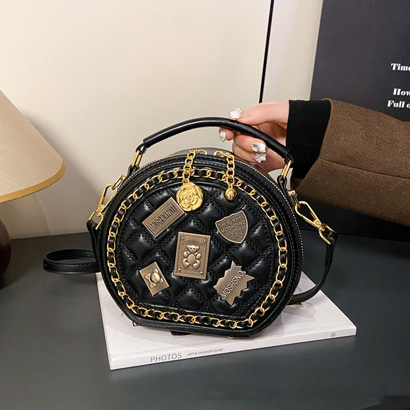 Xiaoxiangfeng Bag New Korean Version Fashionable Personality Splicing Trend Single Shoulder Women's Crossbody Small Round Bag_voghion.com