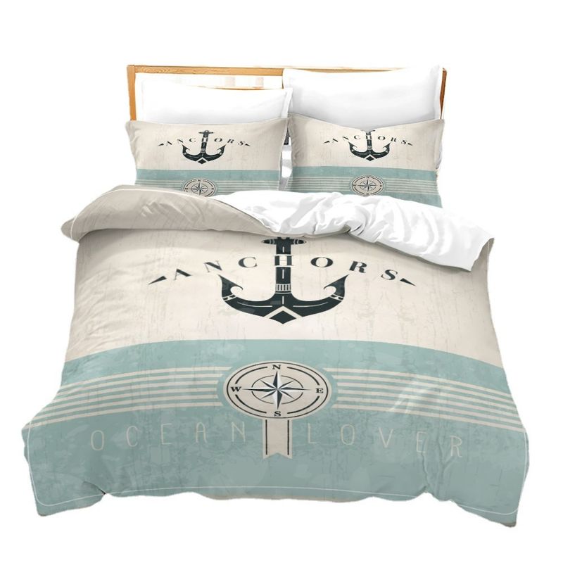 Anker und weiße Streifen 3D gedruckt Marineblau Quilt dreiteiliges Bettwäsche-Set individuell_voghion.com