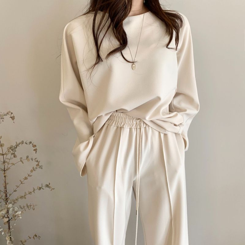 Damenbekleidung Frühfrühling Lazy Loose Sweater Hohe Taille Cover Meat Lässiger Hosenanzug mit weitem Bein für Damen_voghion.com