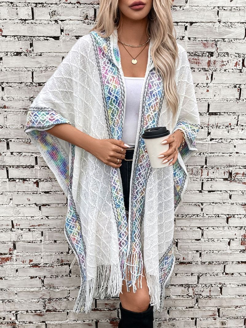 Ethnic style knitted hooded tassel cape sweater shawl lady's coat_voghion.com