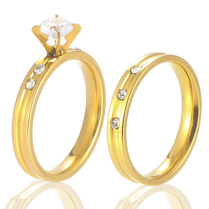 Titanium Zircon With Diamonds Couple Rings Four-Prong Diamond Ring Pair Stainless Steel Jewelry_voghion.com