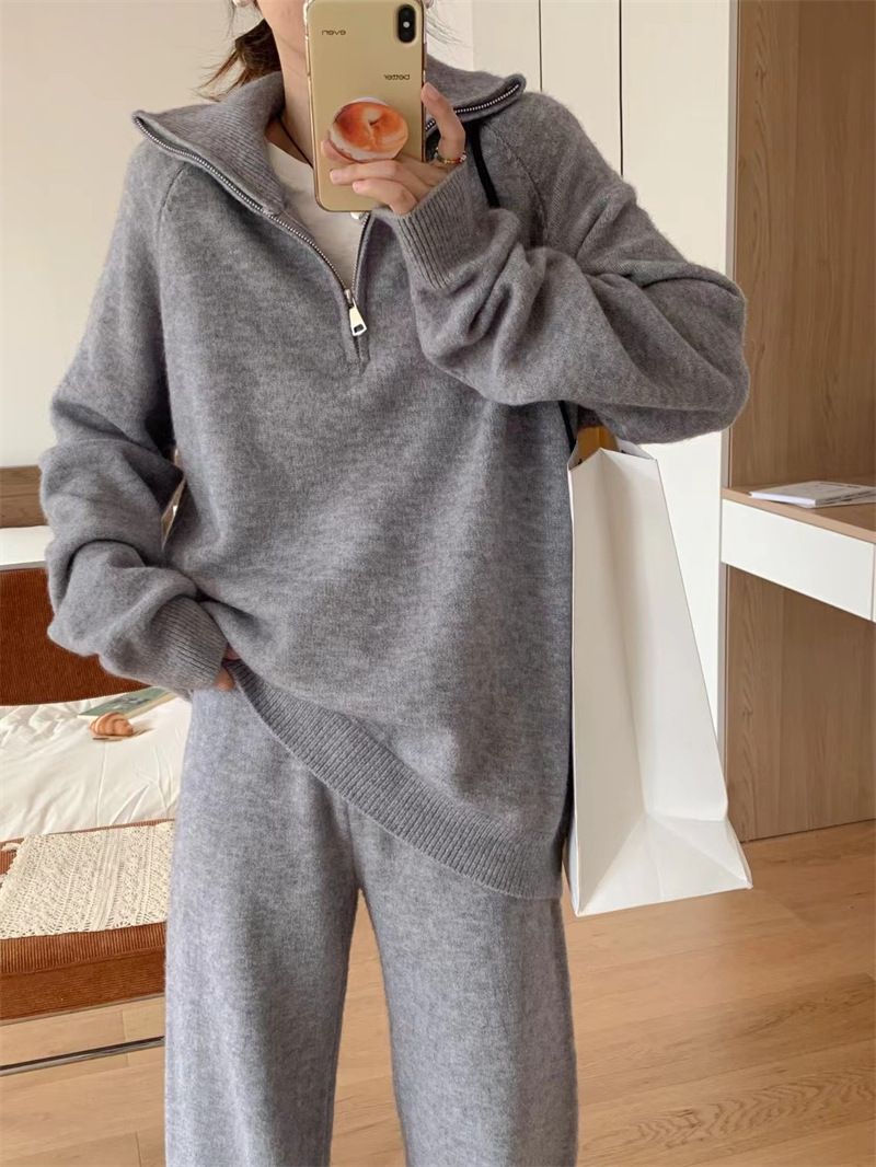 Vestito in stile delicato al latte, maglione pullover largo da donna, pantaloni larghi a gamba larga, casual, autunno e inverno, set in due pezzi lavorato a maglia_voghion.com