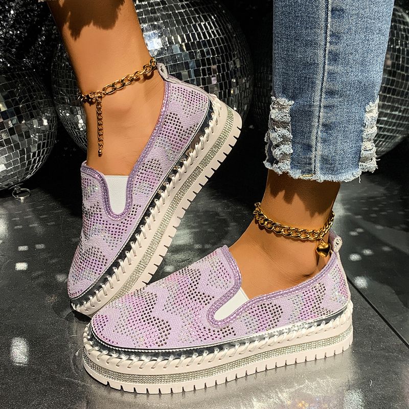 Mocassins cloutés tendance pour femme, à paillettes et semelle plateforme, pour une tenue décontractée, bout rond en PU, noir, rose et violet._voghion.com
