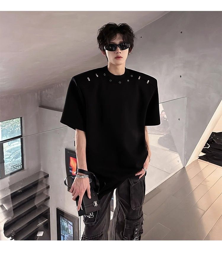 American High Street Short T-Shirt For Men Summer Trendy Loose Fit High-End Feel Padded Shoulder Versatile Five-Quarter_voghion.com