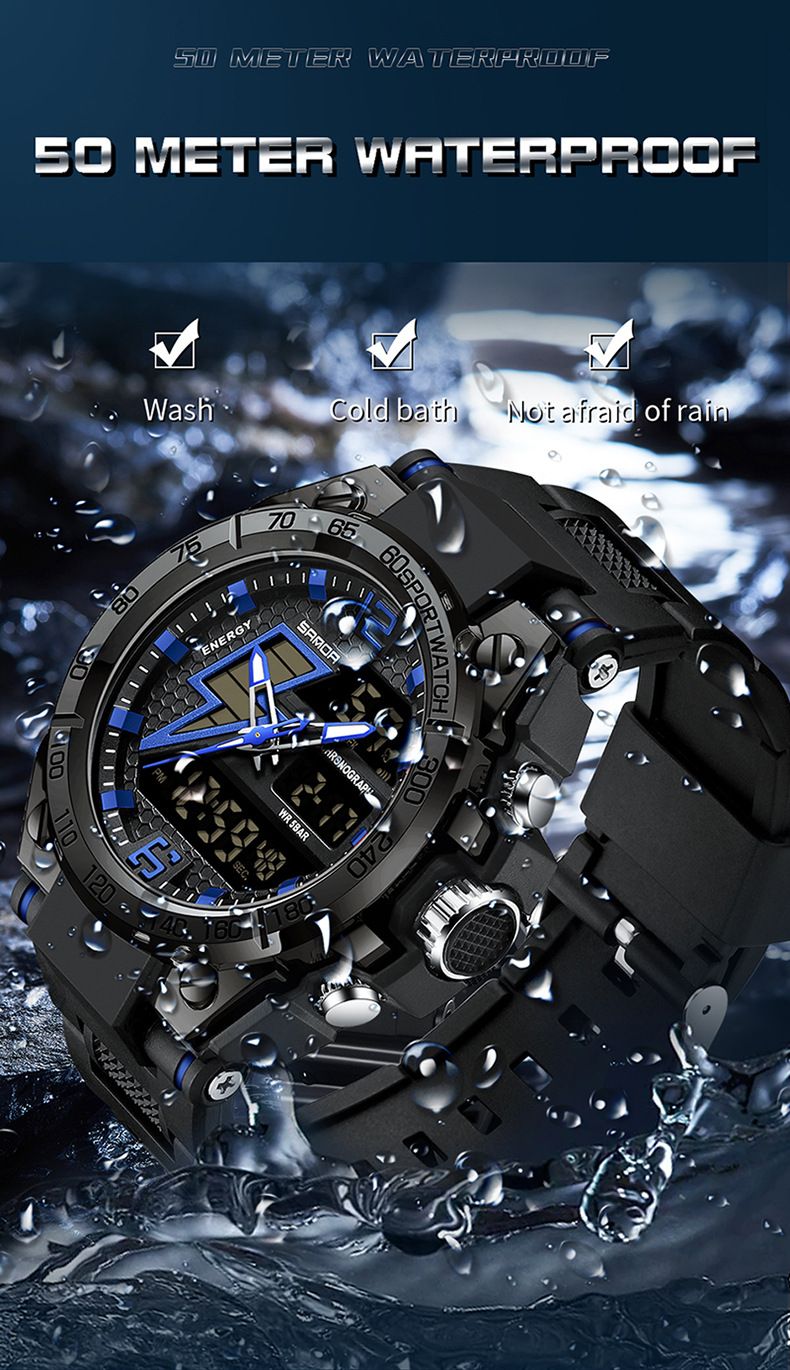 Men's Digital Analog Sports Watch With Luminous Display, 50M Waterproof, Alarm & Stopwatch – Stylish Black Tech Design Alarm Clock Chronograph Watch_voghion.com