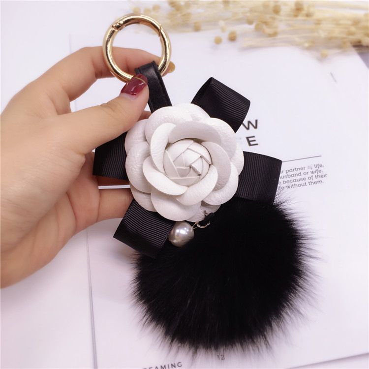 Korean Creative Bowknot Camellia Keychain Bag Pendant Women's Fox Fur Ball Key Ring Fashion Accessory_voghion.com