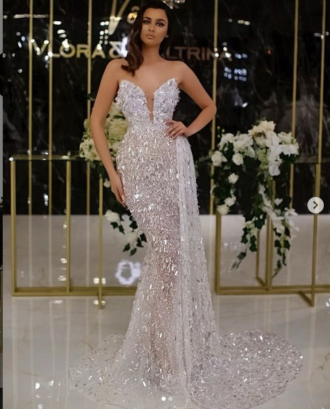 Glitzernde Perlen trägerlose Meerjungfrau Abendkleider bodenlanges Ballkleid afrikanische Roben de Soire formelle Partykleider_voghion.com