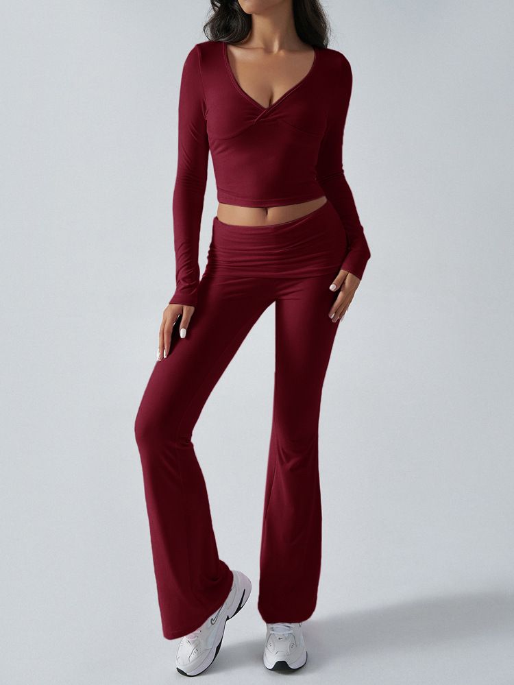 KaiKuo 2024 Automne Hiver Femmes Y2K Décontracté Sport Style Couleur Unie Haut Pantalon Évasé Ensemble 2 Pièces_voghion.com