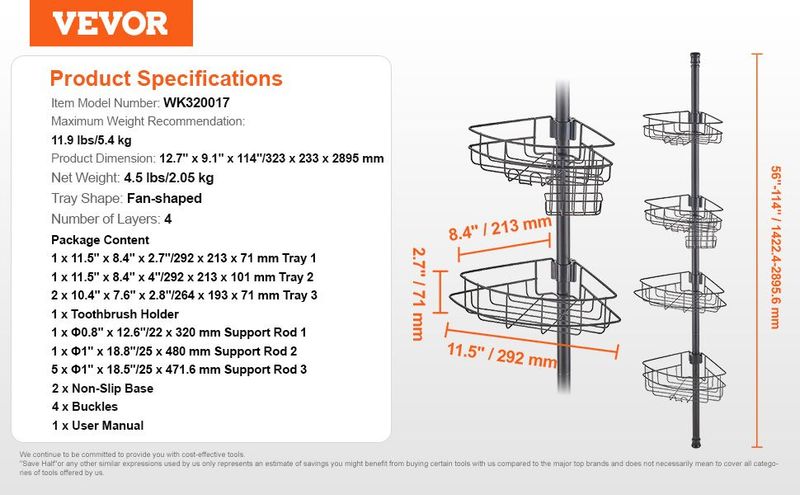 VEVOR 56" To 114" High Shower Corner Caddy Tension Pole Rust-Proof Tension Pole_voghion.com