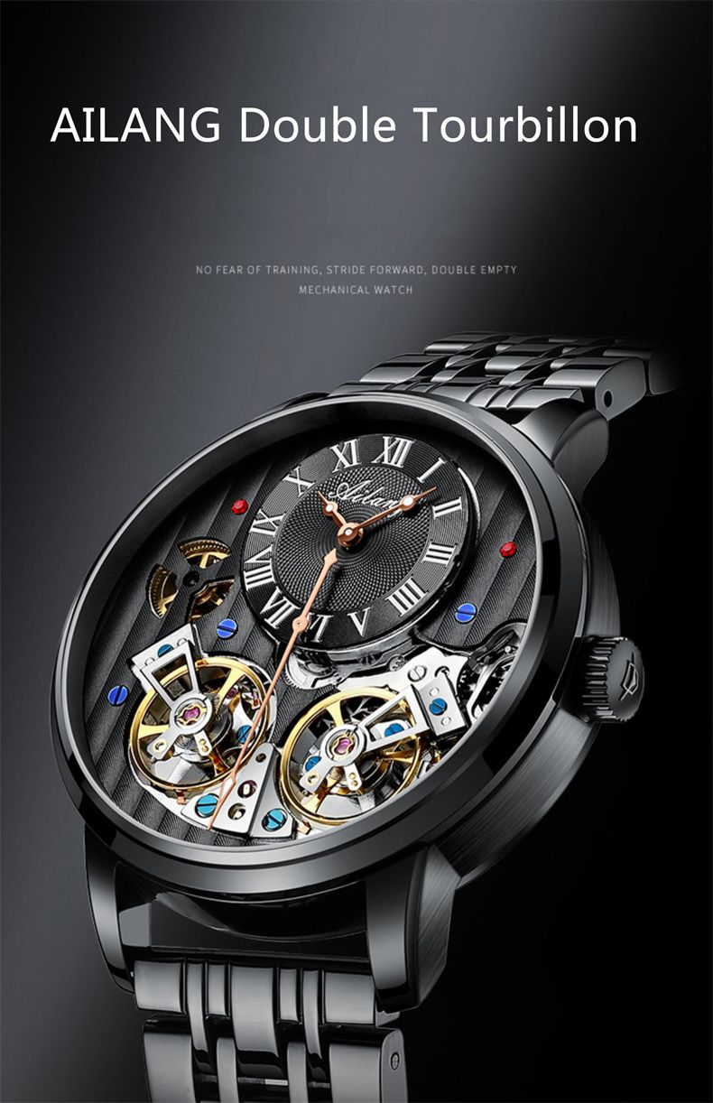 AILANG Mechanical Watch Men 30M Waterproof Automatic Watches Stainless Steel Skeleton Dial Luxury Double Tourbillon Watch Men_voghion.com