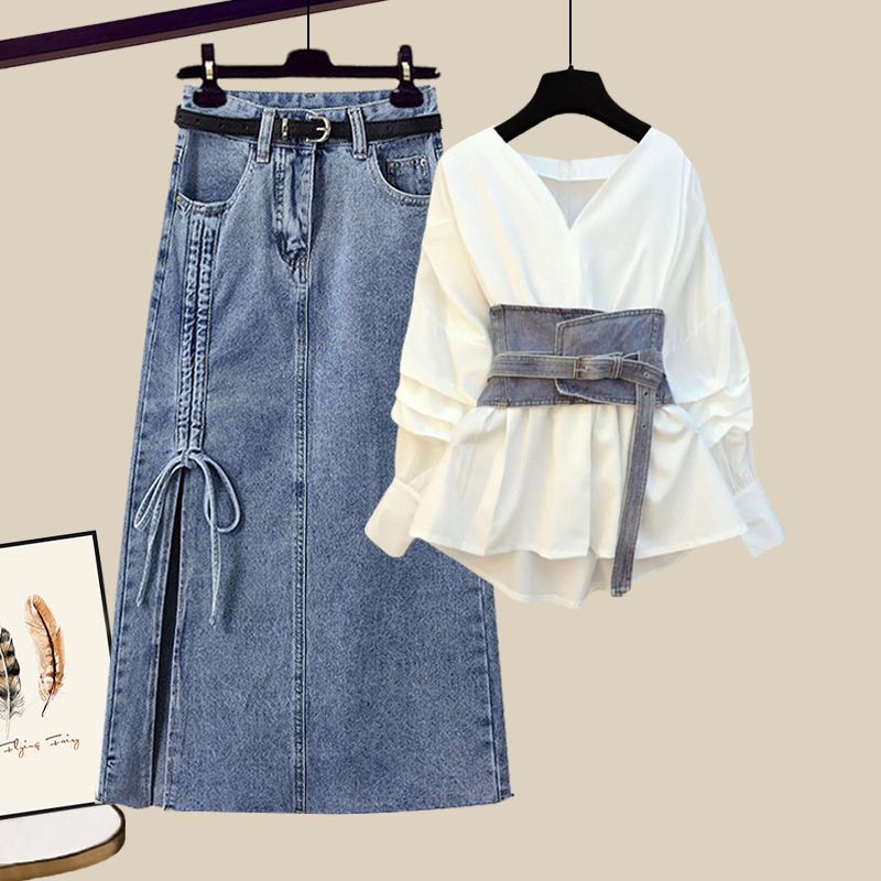Traje de dos piezas con falda vaquera y camisa de cintura alta con diseño de nicho para mujer_voghion.com