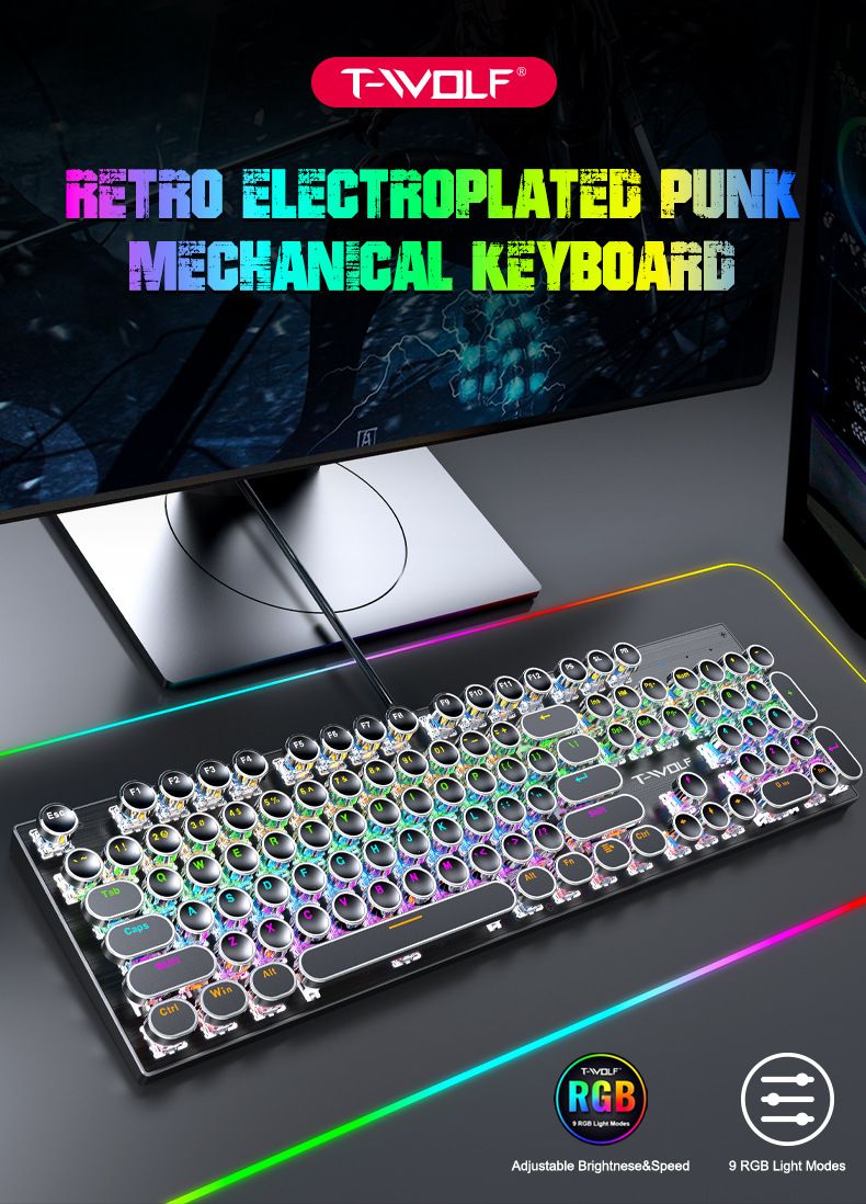 YT75 Mechanical Keyboard Gaming Metal Panel Punk Round Keyboard Russian Korean_voghion.com