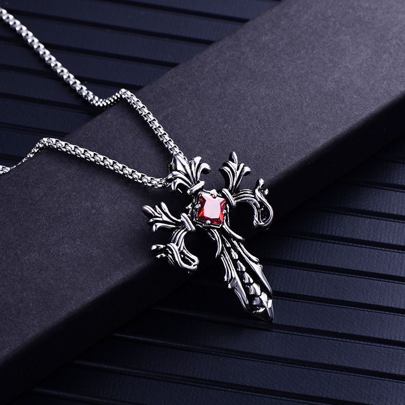 Personality Jewelry Titanstahl mit rotem Anhänger, Doppeldrachenkreuz-Halskette für Herren_voghion.com