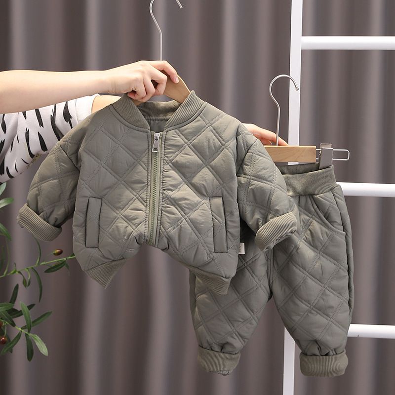 Boys Plush Suit Winter Thickened 2022 Winter Children Baby Plaid Zipper Cotton Suit Two Piece Set Autumn And Winter_voghion.com