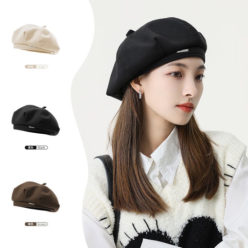 Korean Style Autumn Winter Woolen Metal Label Beret Women Octagonal Big Head Circumference Make Your Face Look Smaller_voghion.com